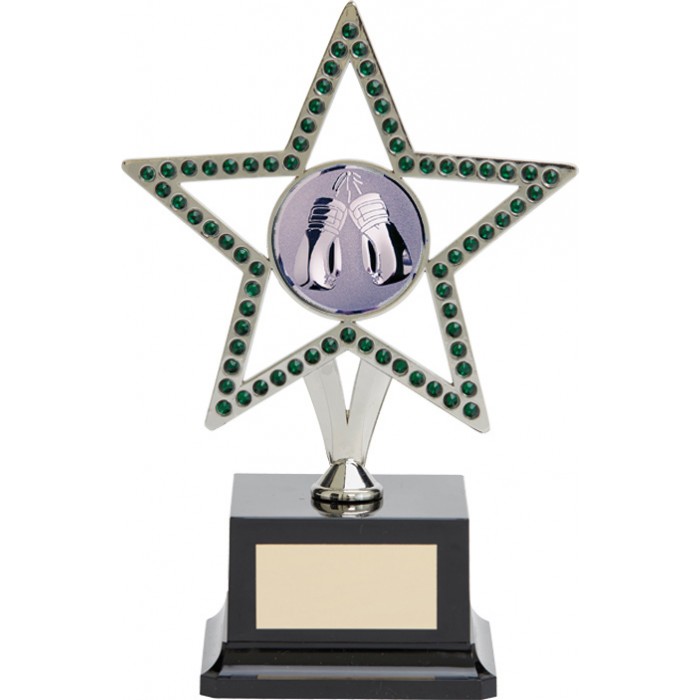  10'' SILVER METAL STAR WITH GREEN GEMSTONES - BOXING TROPHY